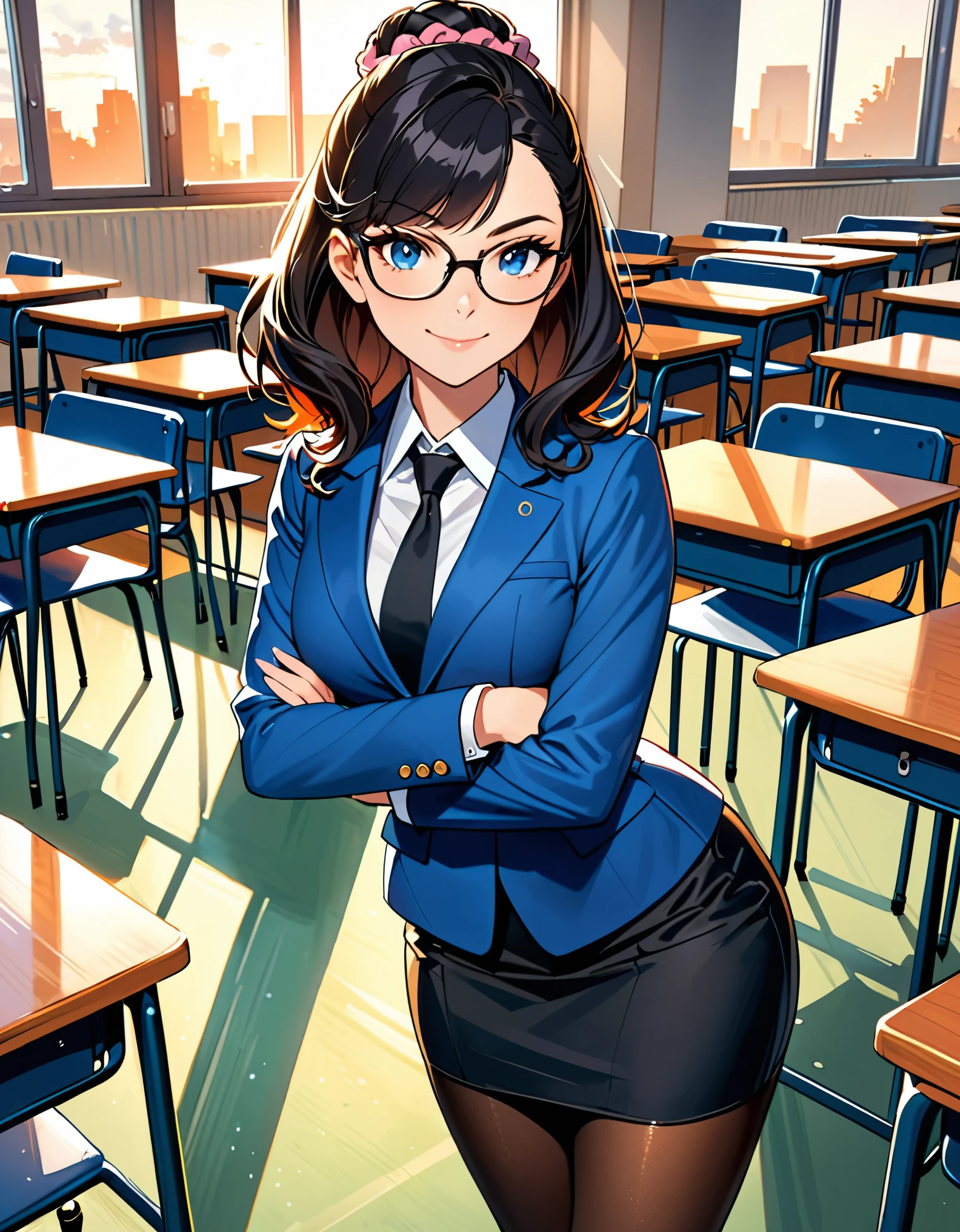 anime girl in a blue suit standing on an empty classroom, extremely detailed artgerm, style artgerm, style ivan talavera and artgerm, krenz cushart and artgerm, range murata and artgerm, artgerm style, in the style artgerm, ig model | artgerm, artgerm detailed, black hair, long hair, medium hair, blue eyes, solo, solo focus, hair bun, glasses teacher, pencil skirt, full black pantyhose, matching shoes, professional, smile, scrunchie, looking at viewer, crossed arms, warm lighting.