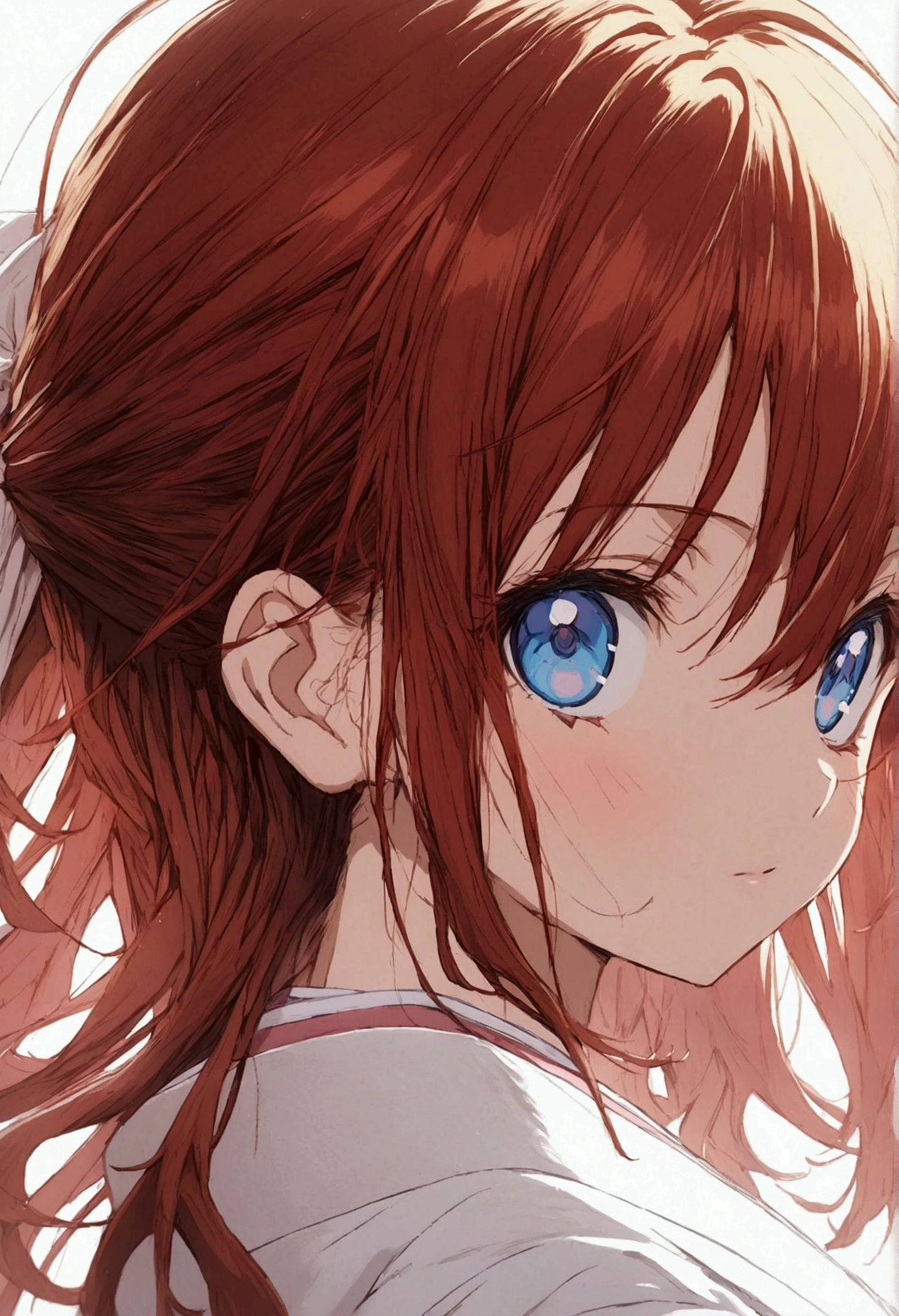 Anime girl with red hair and blue eyes looking at the camera., an anime drawing inspired by Jin Homura, trend on pixiv, self destructive art, closeup of another iwakura, closeup of another iwakura, closeup of a young anime girl, perfect anime face, Today's featured anime still., in an anime, visual anime of a cute girl