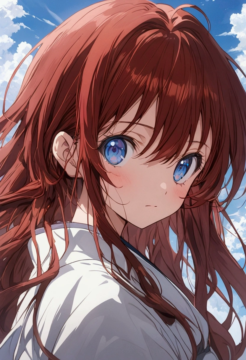 Anime girl with red hair and blue eyes looking at the camera., an anime drawing inspired by Jin Homura, trend on pixiv, self destructive art, closeup of another iwakura, closeup of another iwakura, closeup of a young anime girl, perfect anime face, Today's featured anime still., in an anime, visual anime of a cute girl