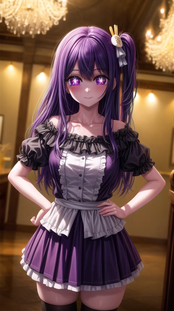 1girl, solo, ai hoshino, long hair, bangs, (purple eyes:1.1), purple hair, (symbol-shaped pupils:1.5),one side up, hair ornament, hair ribbon, skirt, thighhighs, a woman in a purple dress standing in front of a chandelier,  elegant, rich color palette, gothic(masterpiece), best quality, high resolution, extremely detailed, detailed background, perfect lighting, collarbone, light smile, joyful eyes, cute pose, BREAK indoors, office, BREAK looking at viewer, (cowboy shot:1.5), BREAK, (masterpiece:1.2), best quality, high resolution, unity 8k wallpaper, (illustration:0.8), (beautiful detailed eyes:1.6), extremely detailed face, perfect lighting, extremely detailed CG, (perfect hands, perfect anatomy), solo, hands on own hips,