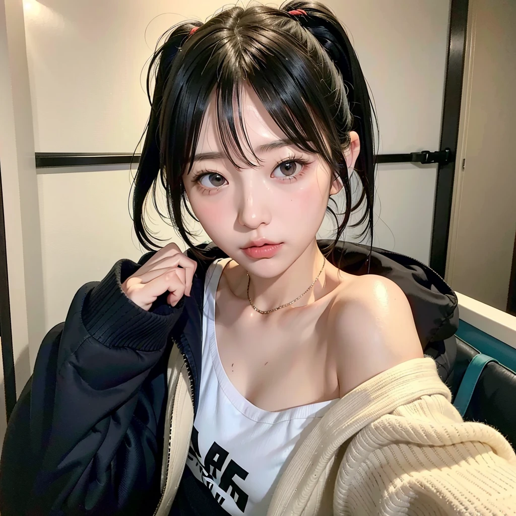 40-year-old Japanese woman、Black Hair、The hair is very short、Twin tails、Hatsune Miku's outfit、headphones、flat chest、Realistic photos、Realistic、8K quality、tall、No bangs、ストリートスナップ、白いTシャツにジーンズ