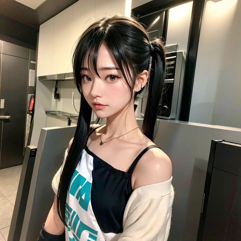 40-year-old Japanese woman、Black Hair、The hair is very short、Twin tails、Hatsune Miku's outfit、headphones、flat chest、Realistic photos、Realistic、8K quality、tall、No bangs、ストリートスナップ、白いTシャツにジーンズ