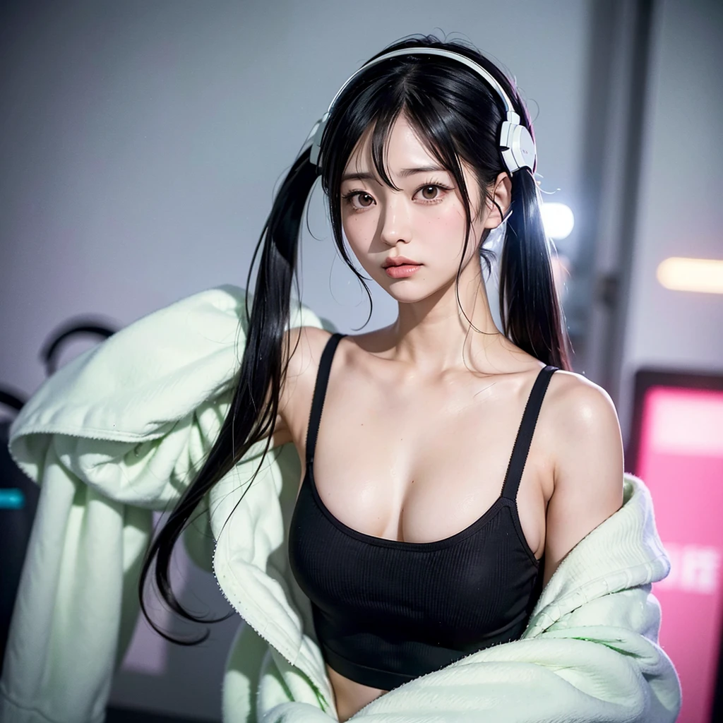 40-year-old Japanese woman、Black Hair、The hair is very short、Twin tails、Hatsune Miku's outfit、headphones、flat chest、Realistic photos、Realistic、8K quality、tall、No bangs、ストリートスナップ、白いTシャツにジーンズ