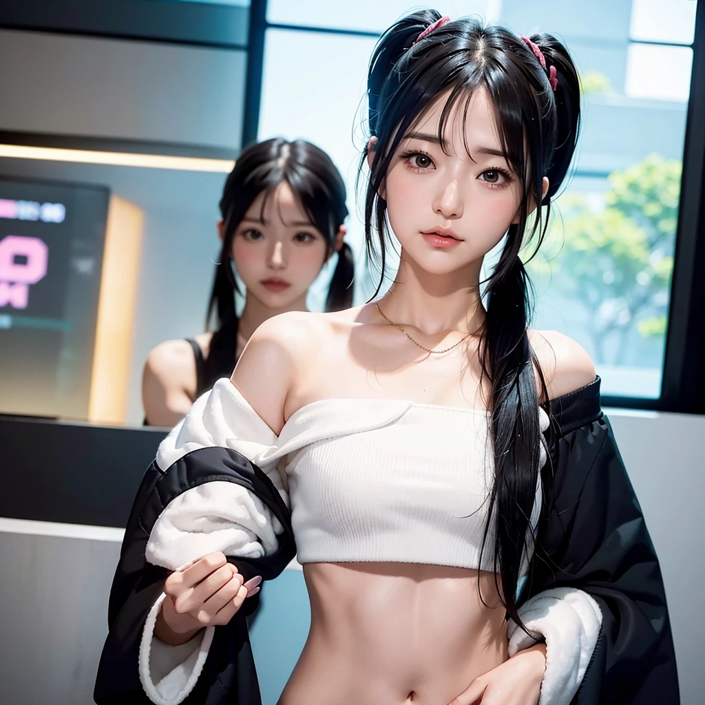 40-year-old Japanese woman、Black Hair、The hair is very short、Twin tails、Hatsune Miku's outfit、headphones、flat chest、Realistic photos、Realistic、8K quality、tall、No bangs、ストリートスナップ、白いTシャツにジーンズ