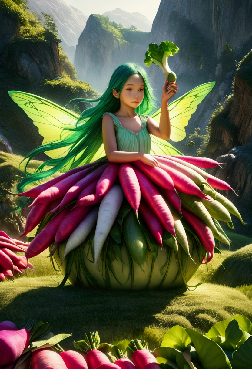 a fairy flying over a pile of radishes, holding one radish in her hand, detailed fantasy fairy, radiant glowing skin, long flowing hair, gossamer butterfly wings, whimsical expression, vibrant colors, surreal landscape, lush green grass, soft lighting, photorealistic, 8k, hyperdetailed