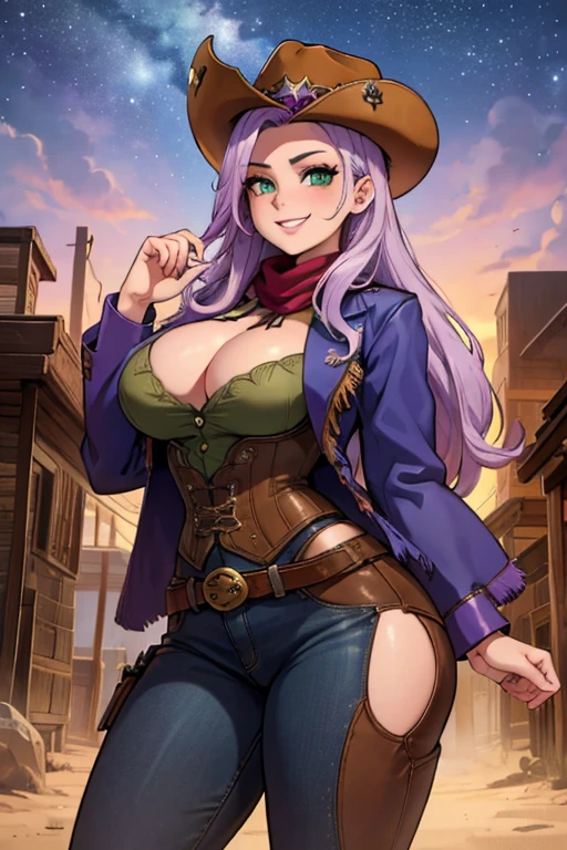 Perfect face. Perfect hands. A light purple haired cowgirl with green eyes and an hourglass figure in a conservative cowgirl outfit is watching the stars in a wild west town with a big smile