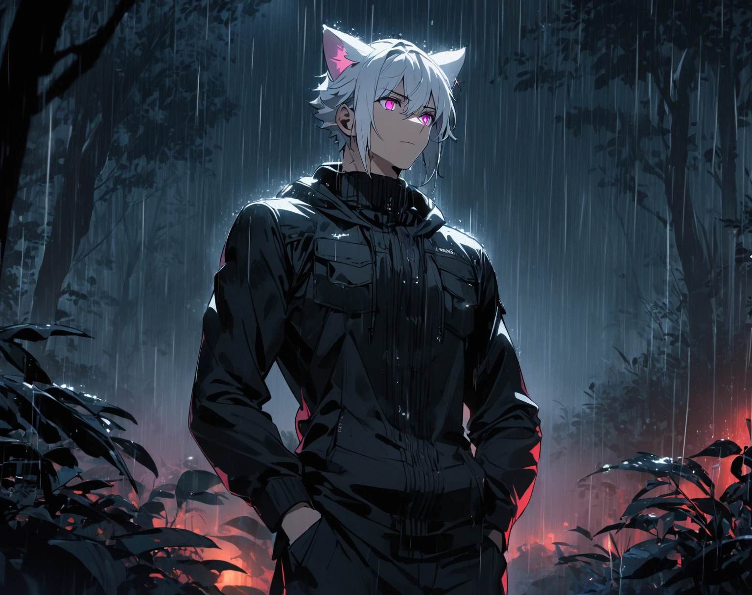 1 men, short white hair, pink eyes, Kitten ears, Wearing a black casual outfit, wearing gloves, slightly muscular body, at night, raining, front view, in a freezing forest, Hand in pockets, 4K, bright coloured, tall quality