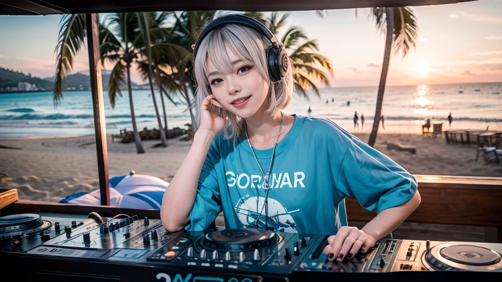 (ultra - detailed, 16K resolution, Cinema lenses, rendering by octane), (high resolution:1.18), intricate detail, (masterpiece:1.1), (highest quality:1.1), (1girl, portrait, white hair, blue eyes, short hair, detailed eyes),Wearing silver DJ headphones, sequined T-shirt, (in the beach:1.5), (Iconic hip-hop pop costumes:1.3), Smile while DJing on stage, DJ studio next to the beach, ((A stylish DJ stage on a hill overlooking the beach)), full body shot, Photorealistic photography by Sunshine, (cute round face:1.3), perfect fingers, five fingers, beautiful hands, perfect hands. master peace, cute smile, Fixhand.