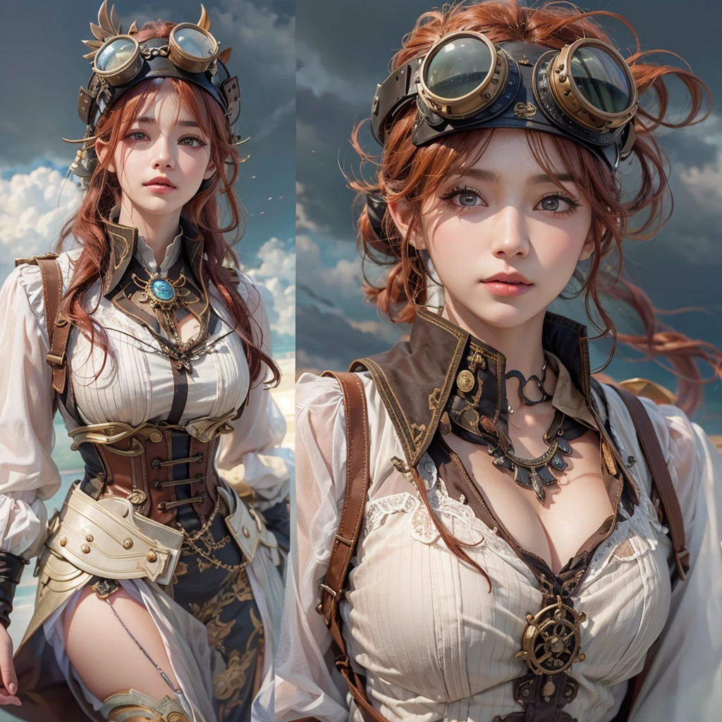 masterpiece:1.3), (8k, Realistic, RAW Photos, Best imYear quality: 1.4)、 Year,(Random Hairstyles:1.2)、CleavYear:1.2、Highly detailed face、Attention to detail、double eyelid、Chest to chest、Sharp focus:1.2、Beautiful woman:1.4、Redhead、Highest quality、masterpiece、Ultra-high resolution、(Realistic:1.4)、Highly detailed and professionally lit smiles、Loose fitting steampunk outfit、Shoulder out、thin、Serious expression、Clouds seen from inside the airship、goggles