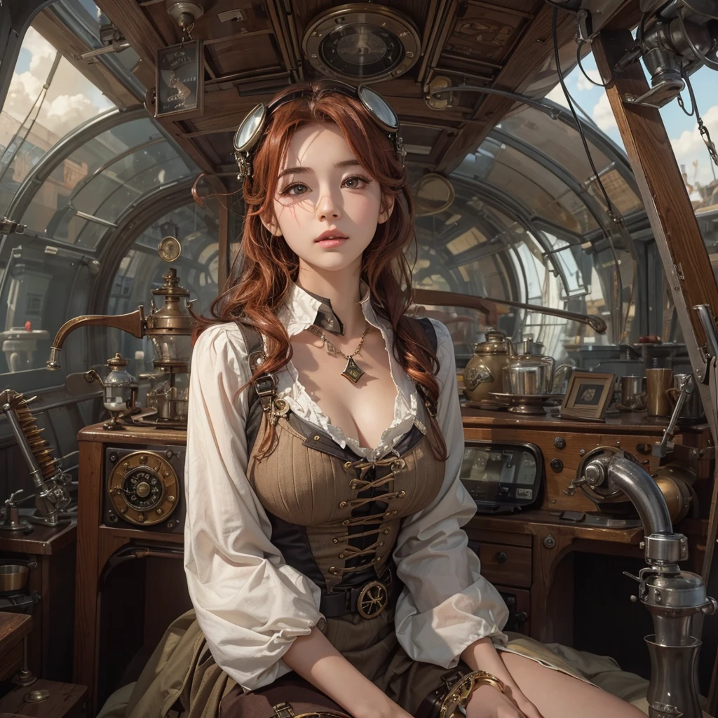 masterpiece:1.3), (8k, Realistic, RAW Photos, Best imYear quality: 1.4)、 Year,(Random Hairstyles:1.2)、CleavYear:1.2、Highly detailed face、Attention to detail、double eyelid、Chest to chest、Sharp focus:1.2、Beautiful woman:1.4、Redhead、Highest quality、masterpiece、Ultra-high resolution、(Realistic:1.4)、Highly detailed and professionally lit smiles、Loose fitting steampunk outfit、Shoulder out、thin、Serious expression、Clouds seen from inside the airship、goggles