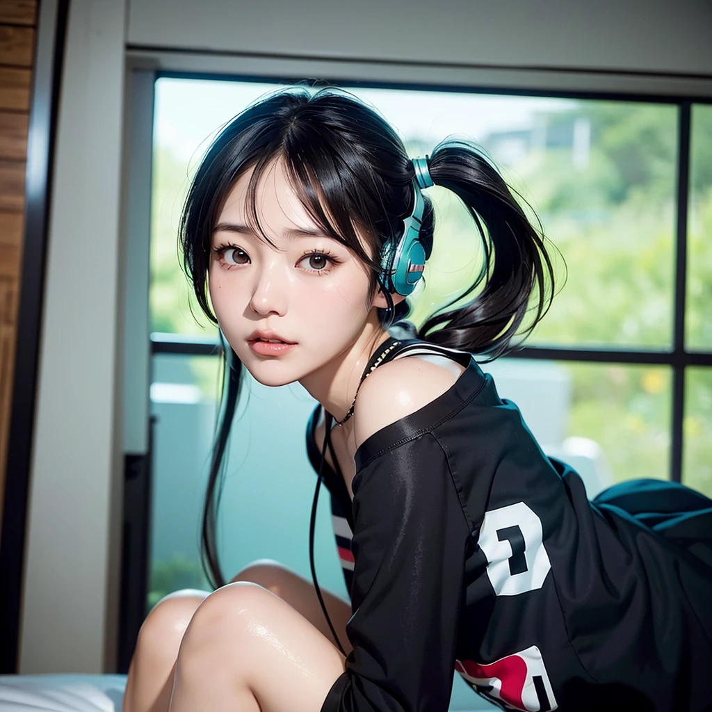 40-year-old Japanese woman、Black Hair、The hair is very short、Twin tails、Hatsune Miku's outfit、headphones、flat chest、Realistic photos、Realistic、8K quality、tall、No bangs、ストリートスナップ、白いTシャツにジーンズ