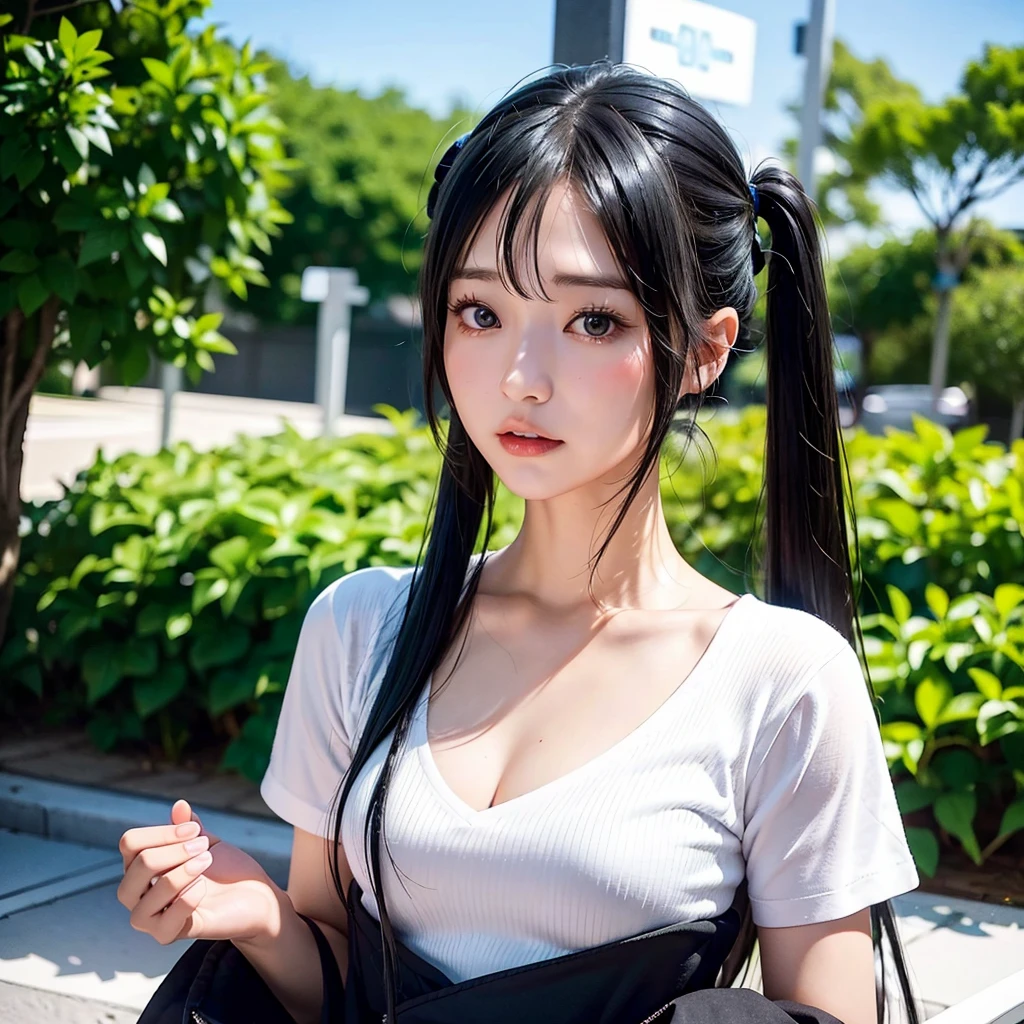 40-year-old Japanese woman、Black Hair、The hair is very short、Twin tails、Hatsune Miku's outfit、headphones、flat chest、Realistic photos、Realistic、8K quality、tall、No bangs、ストリートスナップ、白いTシャツにジーンズ