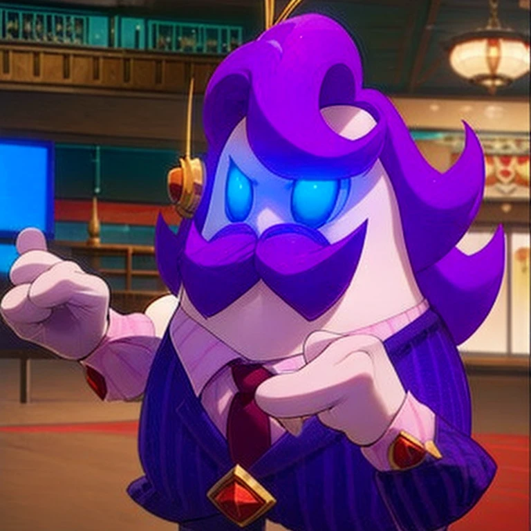  haltmann, purple hair, purple mustache, arms, wearing a dark blue suit with pink vertical lining, pink shirt, red tie, black shoes, gold suit button with a red diamond, pale purple gloves, pink cuffs, pale purple skin, blue eyes, golden earpiece with antenna