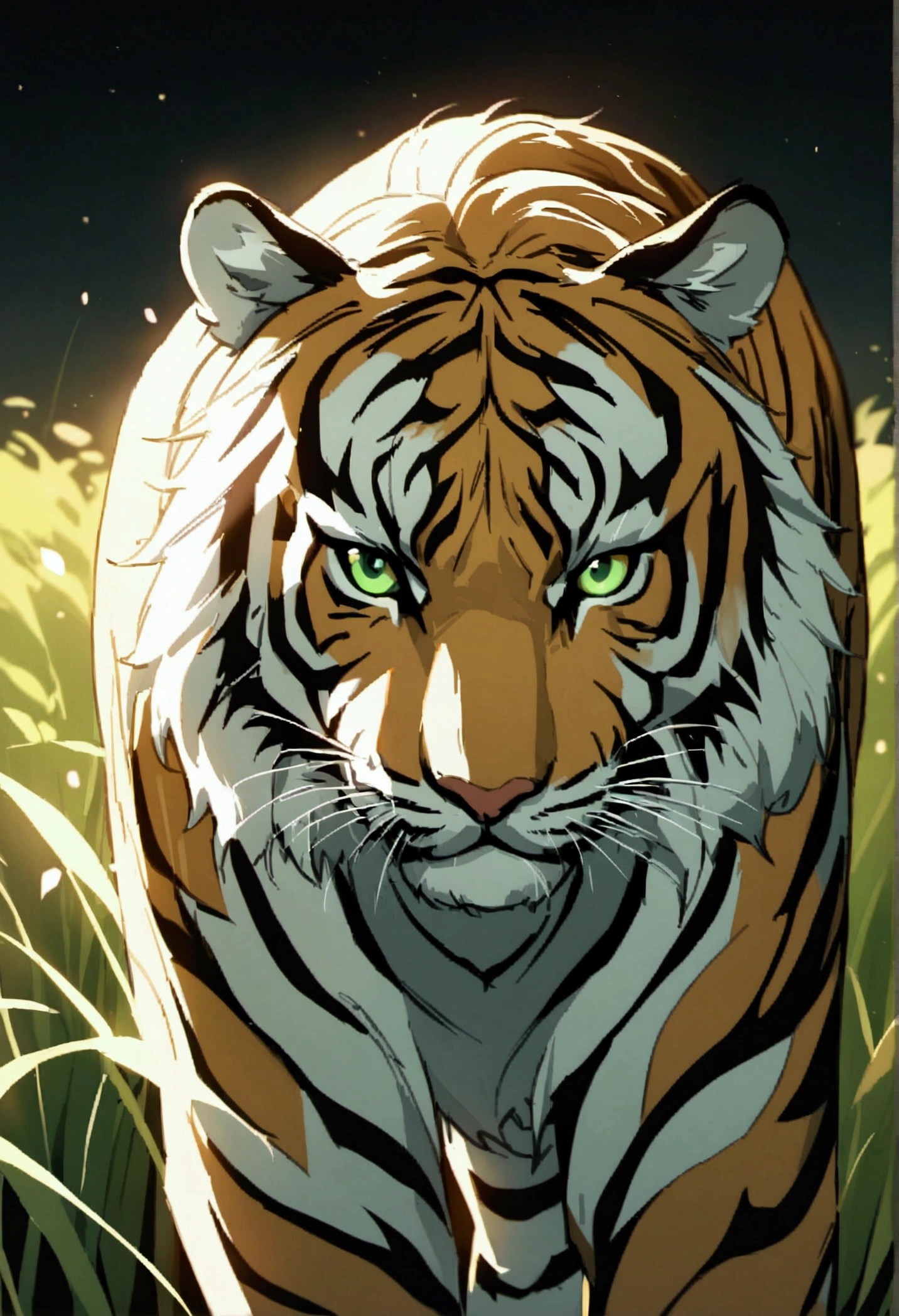 Detailed anime drawing of a tiger with an elegant aura, nice mane, And the green eye runs through the meadow by itself