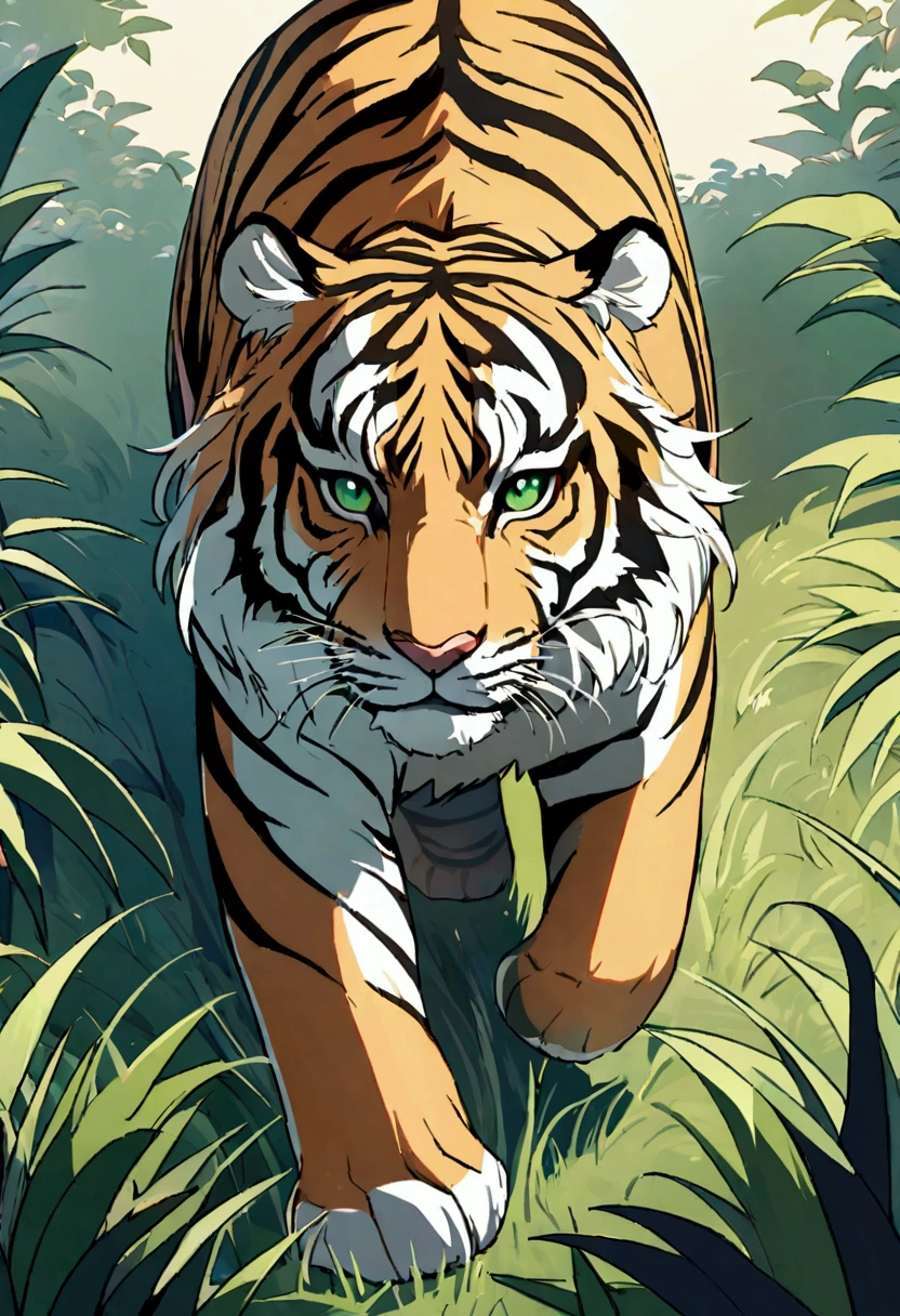 Detailed anime drawing of a tiger with an elegant aura, nice mane, And the green eye runs through the meadow by itself