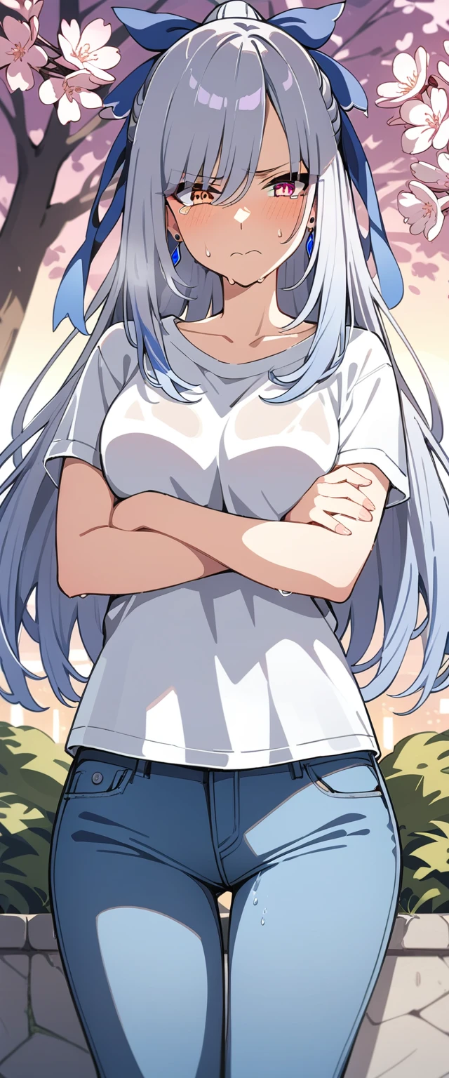 (masterpiece:1.37), best quality, (extremely detailed:1.37), (1girl:1.5), woman, (mature:1.5), (adult:1.5), jingliu, white hair, long hair, ponytail, hair ribbon, red eyes, earrings, jewelry, (jeans:1.25), (extremely detailed eyes:1.37), (wetting self:1.75), embarrassed, humiliation, blushing, angry, tears, sweat, sweating, shaking, trembling, cherry blossoms, garden, (golden hour:1.5), full body, (arms crossed:1.5)