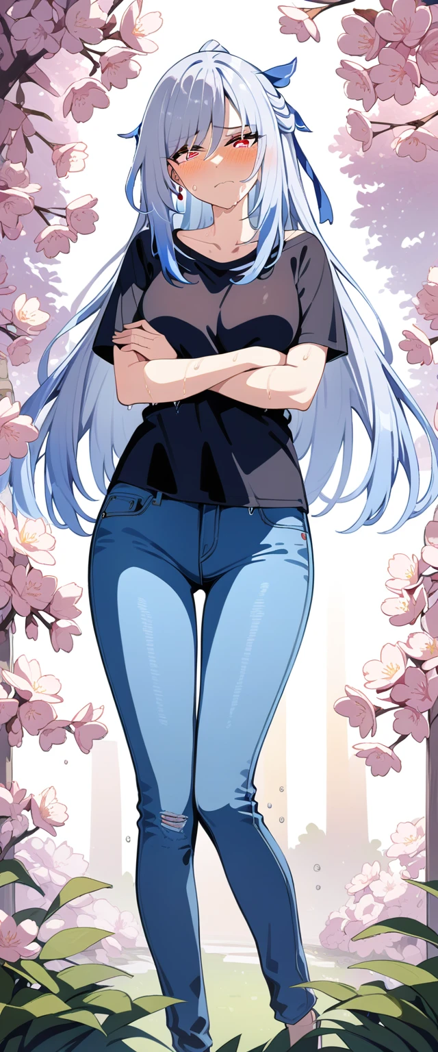 (masterpiece:1.37), best quality, (extremely detailed:1.37), (1girl:1.5), woman, (mature:1.5), (adult:1.5), jingliu, white hair, long hair, ponytail, hair ribbon, red eyes, earrings, jewelry, (jeans:1.25), (extremely detailed eyes:1.37), (wetting self:1.75), embarrassed, humiliation, blushing, angry, tears, sweat, sweating, shaking, trembling, cherry blossoms, garden, (golden hour:1.5), full body, (arms crossed:1.5)