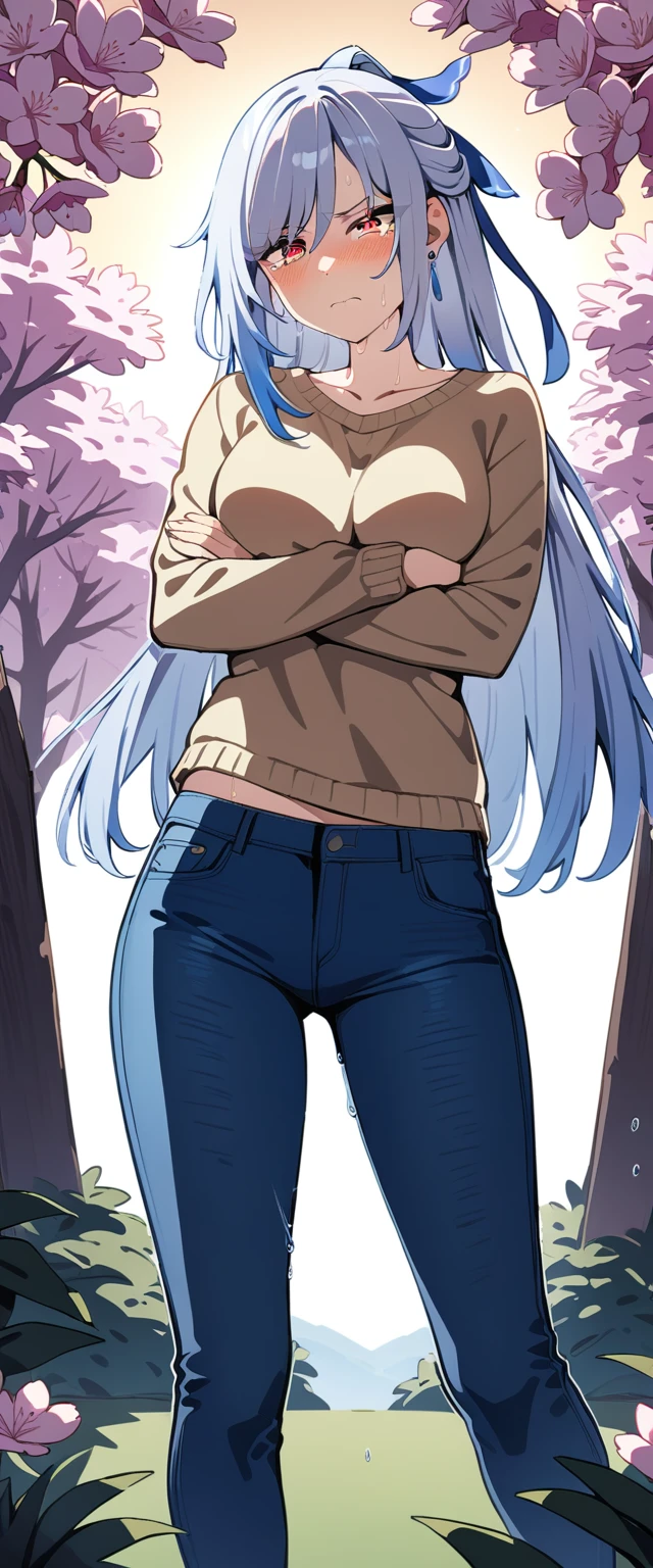 (masterpiece:1.37), best quality, (extremely detailed:1.37), (1girl:1.5), woman, (mature:1.5), (adult:1.5), jingliu, white hair, long hair, ponytail, hair ribbon, red eyes, earrings, jewelry, (jeans:1.25), (extremely detailed eyes:1.37), (wetting self:1.75), embarrassed, humiliation, blushing, angry, tears, sweat, sweating, shaking, trembling, cherry blossoms, garden, (golden hour:1.5), full body, (arms crossed:1.5)
