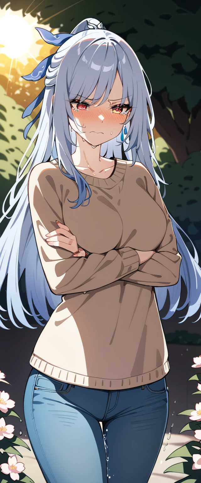 (masterpiece:1.37), best quality, (extremely detailed:1.37), (1girl:1.5), woman, (mature:1.5), (adult:1.5), jingliu, white hair, long hair, ponytail, hair ribbon, red eyes, earrings, jewelry, (jeans:1.25), (extremely detailed eyes:1.37), (wetting self:1.75), embarrassed, humiliation, blushing, angry, tears, sweat, sweating, shaking, trembling, cherry blossoms, garden, (golden hour:1.5), full body, (arms crossed:1.5)