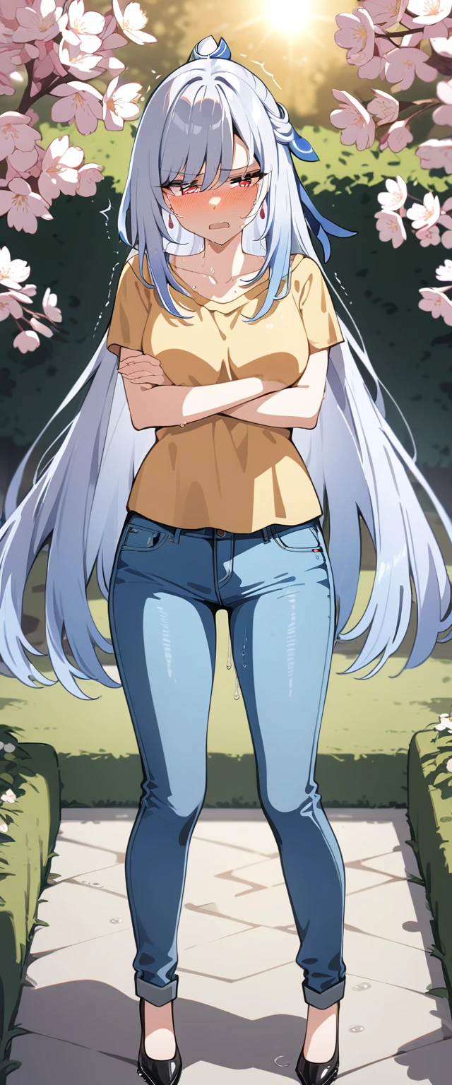 (masterpiece:1.37), best quality, (extremely detailed:1.37), (1girl:1.5), woman, (mature:1.5), (adult:1.5), jingliu, white hair, long hair, ponytail, hair ribbon, red eyes, earrings, jewelry, (jeans:1.25), (extremely detailed eyes:1.37), (wetting self:1.75), embarrassed, humiliation, blushing, angry, tears, sweat, sweating, shaking, trembling, cherry blossoms, garden, (golden hour:1.5), full body, (arms crossed:1.5)