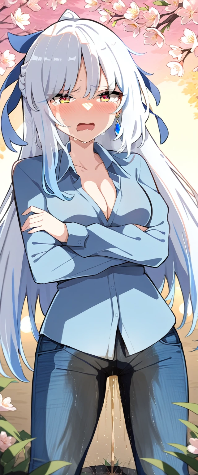 (masterpiece:1.37), best quality, (extremely detailed:1.37), (1girl:1.5), woman, (mature:1.5), (adult:1.5), jingliu, white hair, long hair, ponytail, hair ribbon, red eyes, earrings, jewelry, (jeans:1.25), (extremely detailed eyes:1.37), (wetting self:1.75), embarrassed, humiliation, blushing, angry, tears, sweat, sweating, shaking, trembling, cherry blossoms, garden, (golden hour:1.5), full body, (arms crossed:1.5)