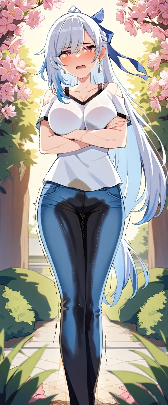 (masterpiece:1.37), best quality, (extremely detailed:1.37), (1girl:1.5), woman, (mature:1.5), (adult:1.5), jingliu, white hair, long hair, ponytail, hair ribbon, red eyes, earrings, jewelry, (jeans:1.25), (extremely detailed eyes:1.37), (wetting self:1.75), embarrassed, humiliation, blushing, angry, tears, sweat, sweating, shaking, trembling, cherry blossoms, garden, (golden hour:1.5), full body, (arms crossed:1.5)