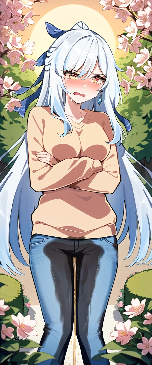 (masterpiece:1.37), best quality, (extremely detailed:1.37), (1girl:1.5), woman, (mature:1.5), (adult:1.5), jingliu, white hair, long hair, ponytail, hair ribbon, red eyes, earrings, jewelry, (jeans:1.25), (extremely detailed eyes:1.37), (wetting self:1.75), embarrassed, humiliation, blushing, angry, tears, sweat, sweating, shaking, trembling, cherry blossoms, garden, (golden hour:1.5), full body, (arms crossed:1.5)
