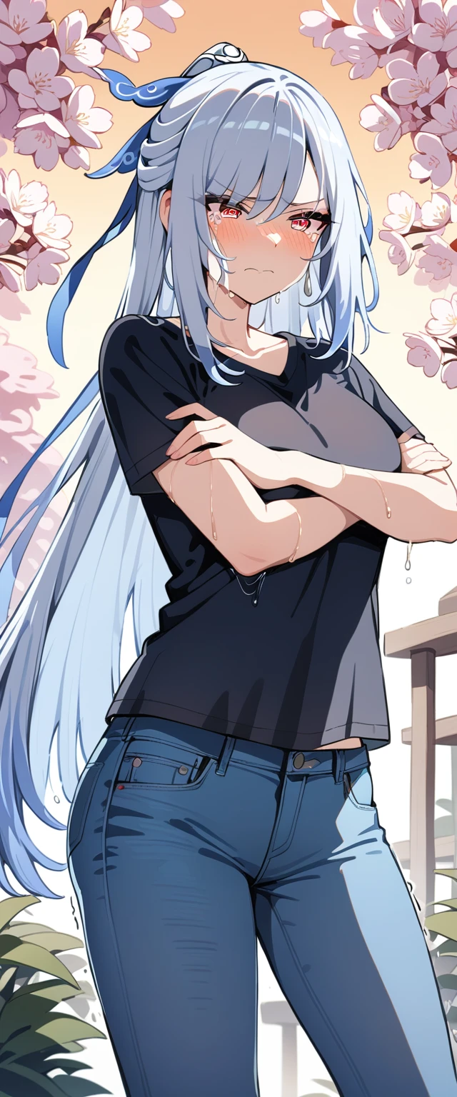 (masterpiece:1.37), best quality, (extremely detailed:1.37), (1girl:1.5), woman, (mature:1.5), (adult:1.5), jingliu, white hair, long hair, ponytail, hair ribbon, red eyes, earrings, jewelry, (jeans:1.2tremely detailed eyes:1.37), (wetting self:1.75), embarrassed, humiliation, blushing, angry, tears, sweat, sweating, shaking, trembling, cherry blossoms, garden, (golden hour:1.5), full body, (arms crossed:1.5)