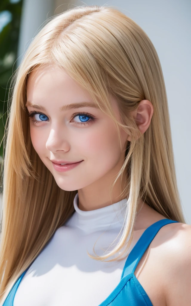 girl, smile, white bodysuit, blonde, blue eyes, Hyper Realistic