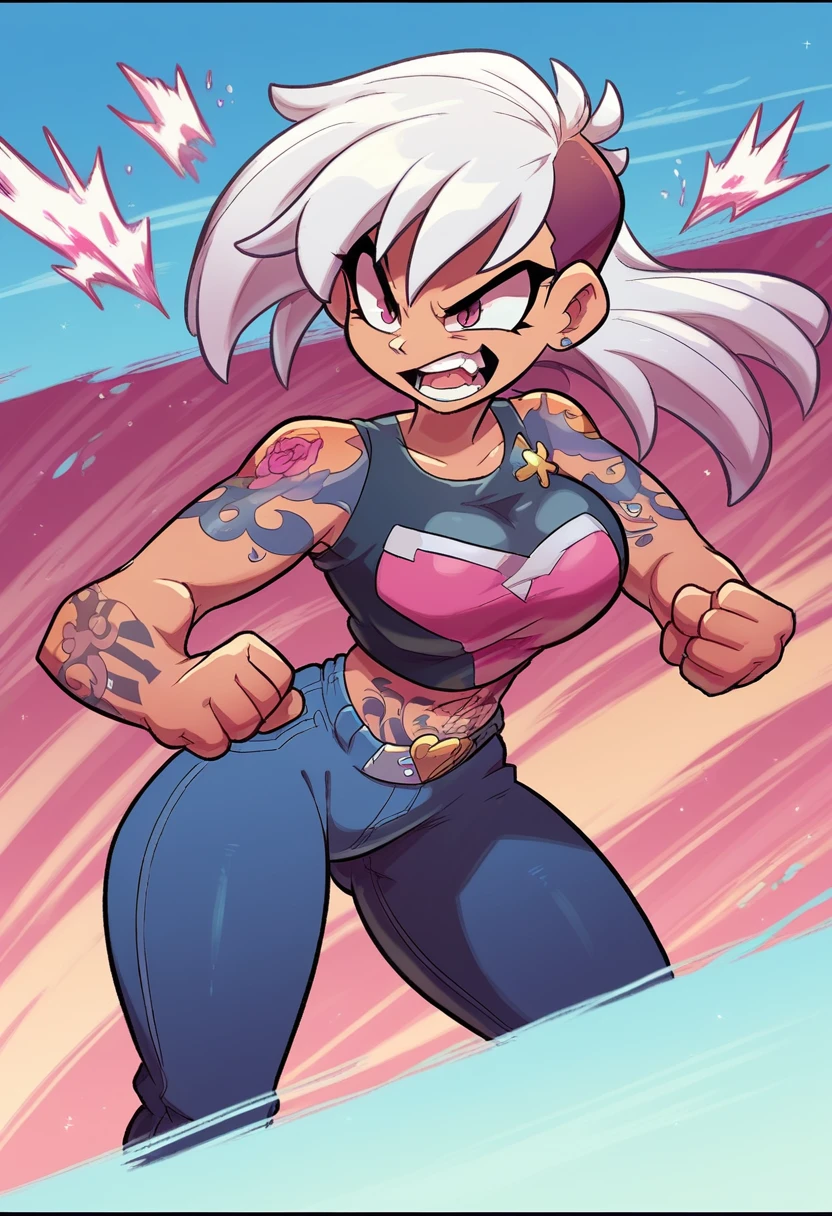 :: style comic:: a cartoon girl with a tattoo on her arm, character is in his natural pose, female protagonist 👀 :8, great character design, arms on waist pose, video game character designs, strongest pose, struggling pose, whole body!!!, thick, super super dynamic dynamic pose, official busty character art ((big boobies)),white hair with pink ((cartoon strokes))