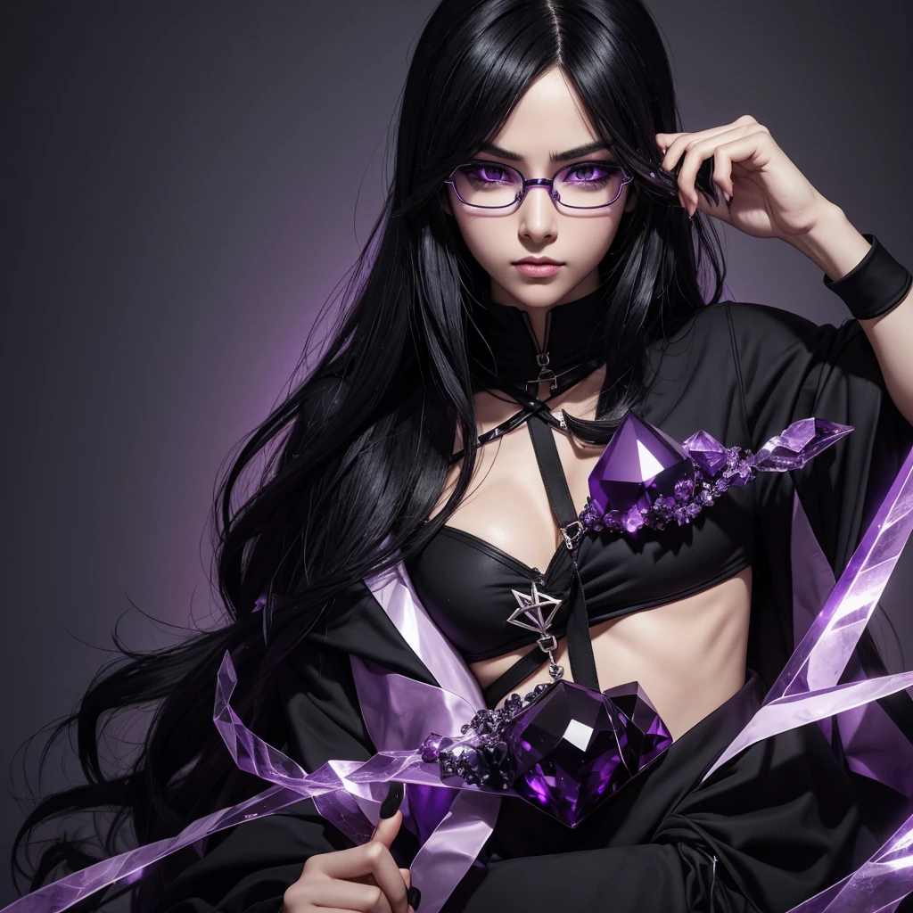 アニメ ( Bblack hair, Black glasses, black leagwear, purples eyes ), holding a purple crystal, Florest dark