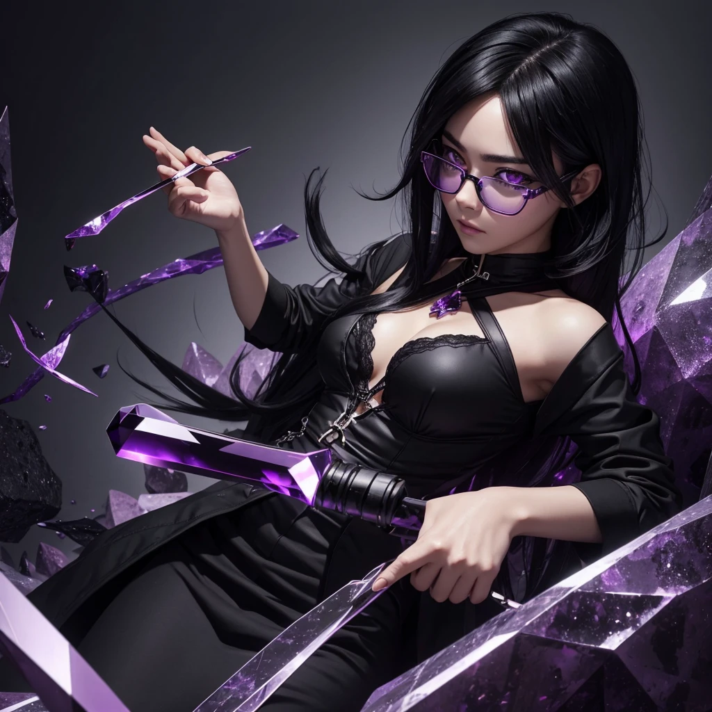  アニメ ( Bblack hair, Black glasses, black leagwear, purples eyes ), holding a purple crystal, Florest dark