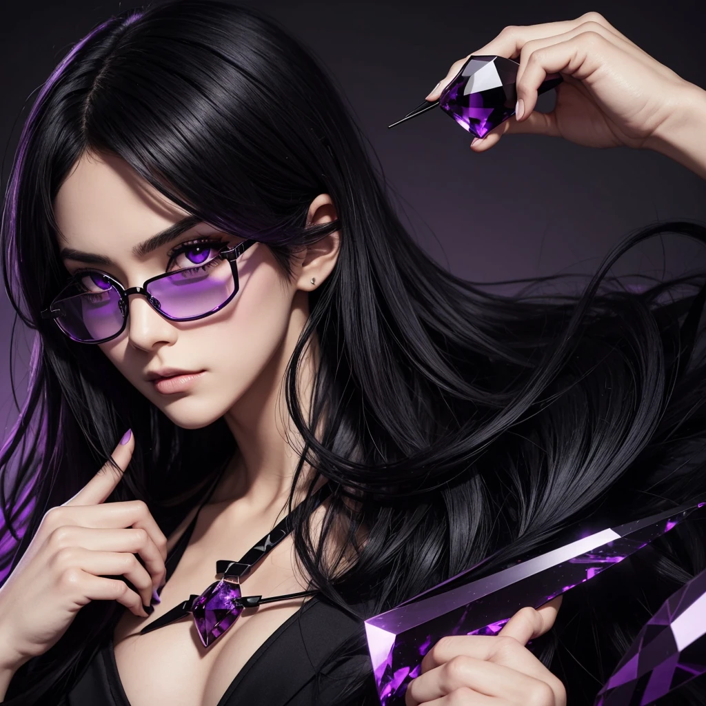 アニメ ( Bblack hair, Black glasses, black leagwear, purples eyes ), holding a purple crystal, Florest dark