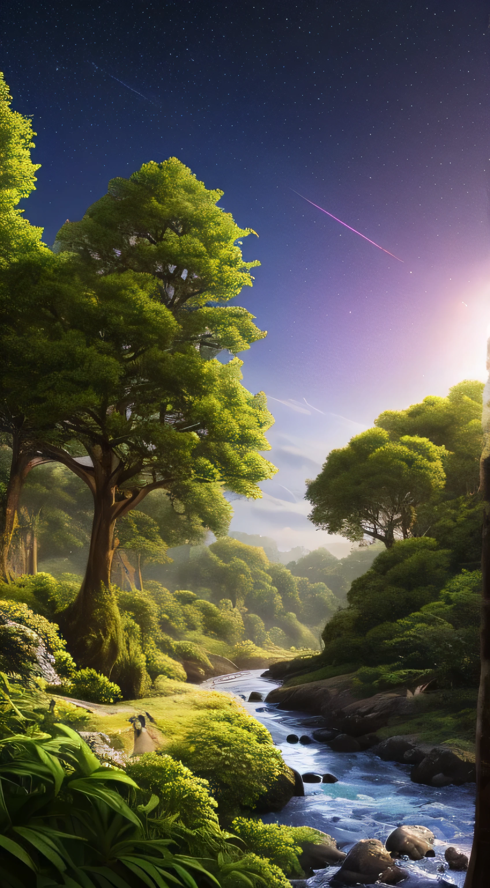 Illustration of a hyperrealistic , otherworldly, ultrasky scene featuring a giant crystal tree full body,very detailed and magical lighting, intricate forest details, vegetation and river around, solarpunk ,landscape, giant tree, beatifull leafy with beautiful lighting and realistic proportions, as if it were a cinematic background, 8k, highest quality, masterpiece, clouds and stars in the sky.