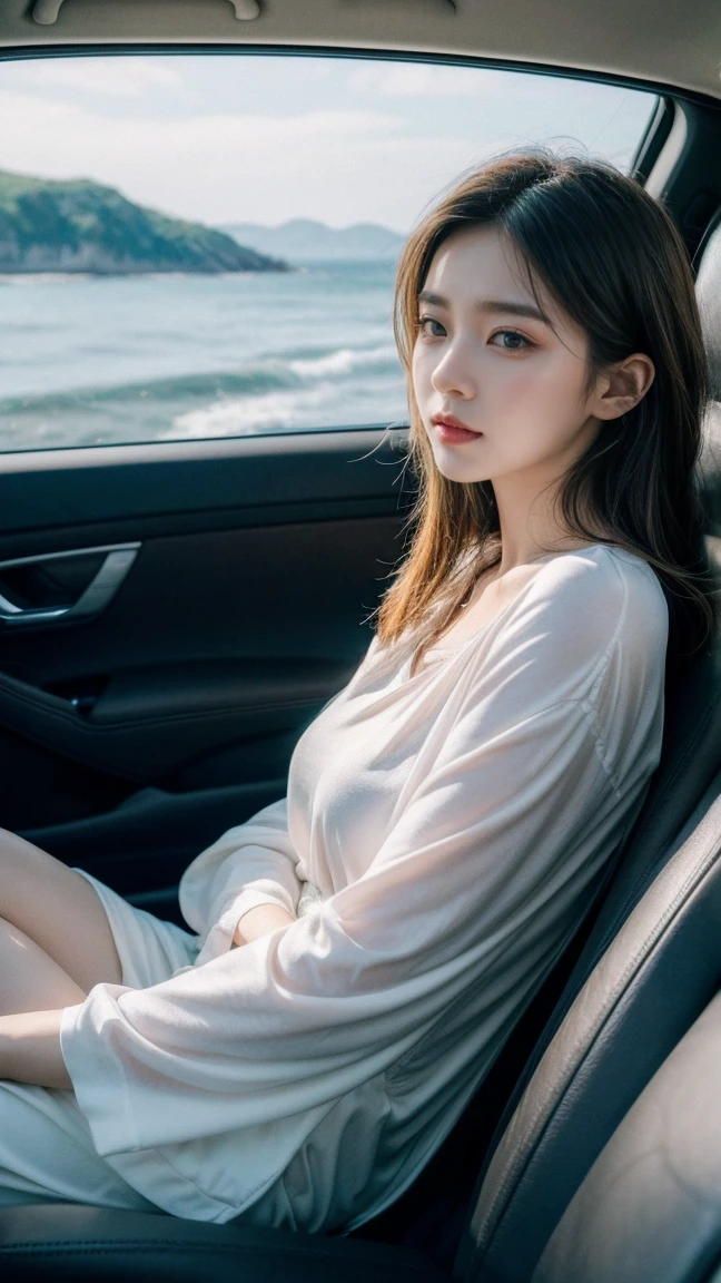 Create a serene portrait of a young woman (look forward ouside the car) inside a car. She is wearing a loose-fitting white blouse. Sit on the left seat in car. Her eyes are looking sideways, natural medium breast, and she has a peaceful expression on her face, enjoying the moment. The background inside a car. The overall mood of the image is reflective and serene, capturing the essence of relaxation and peace by the sea.