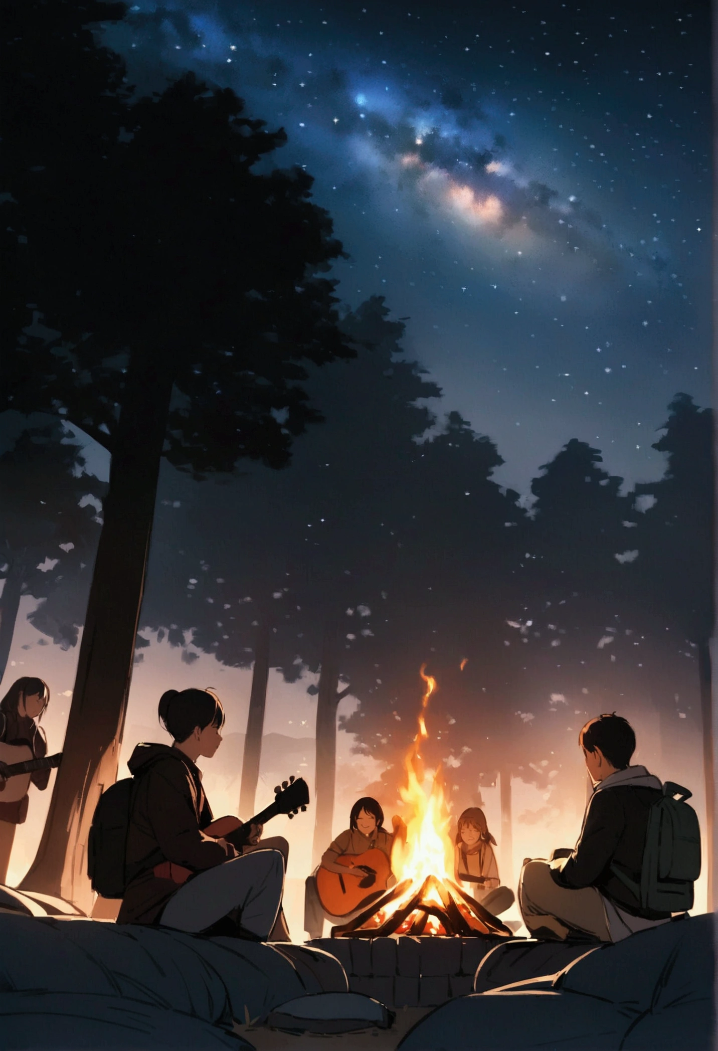 Night camping scene with friends under the starry sky. The campsite is located in an open space surrounded by large trees... A bonfire is burning in the center., Casting flames and amber light. The night sky is clear and full of bright stars, The Milky Way appears as a band of light stretching across the sky...

Friends sitting on a makeshift log, surrounded by sleeping bags, backpack, and camping equipment. a person is playing the guitar., Playing a melody while other friends pray and worship God. 

