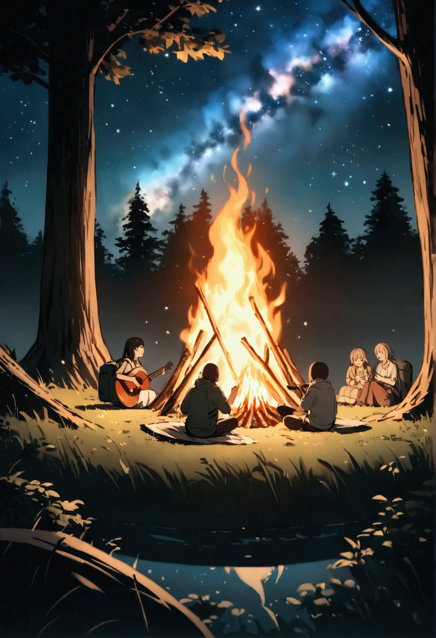 Night camping scene with friends under the starry sky. The campsite is located in an open space surrounded by large trees... A bonfire is burning in the center., Casting flames and amber light. The night sky is clear and full of bright stars, The Milky Way appears as a band of light stretching across the sky...
Friends sitting on a makeshift log, surrounded by sleeping bags, backpack, and camping equipment. a person is playing the guitar., Playing a melody while other friends pray and worship God.
