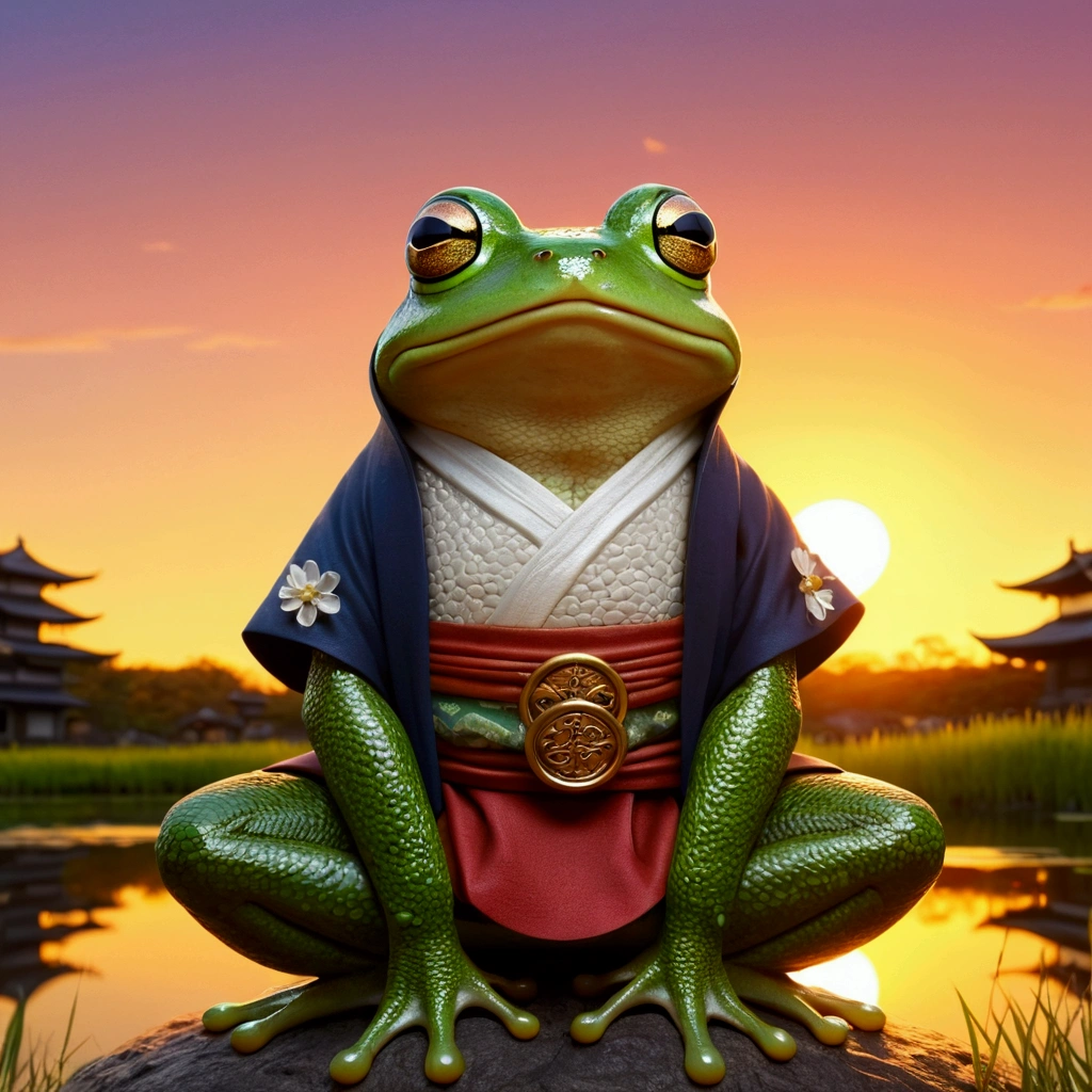 Studio Ghibli style. Frog wearing clothes from feudal Japan. ao por do sol