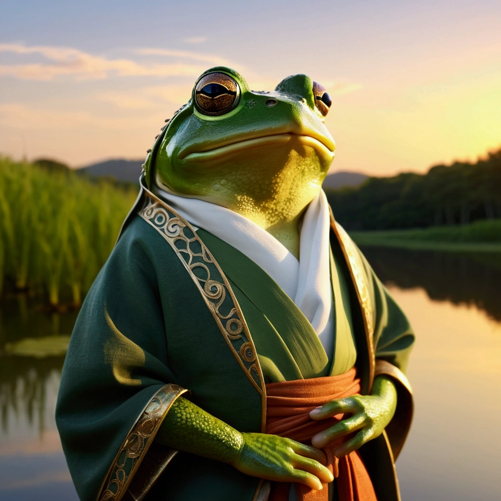 Studio Ghibli style. Frog wearing clothes from feudal Japan. ao por do sol