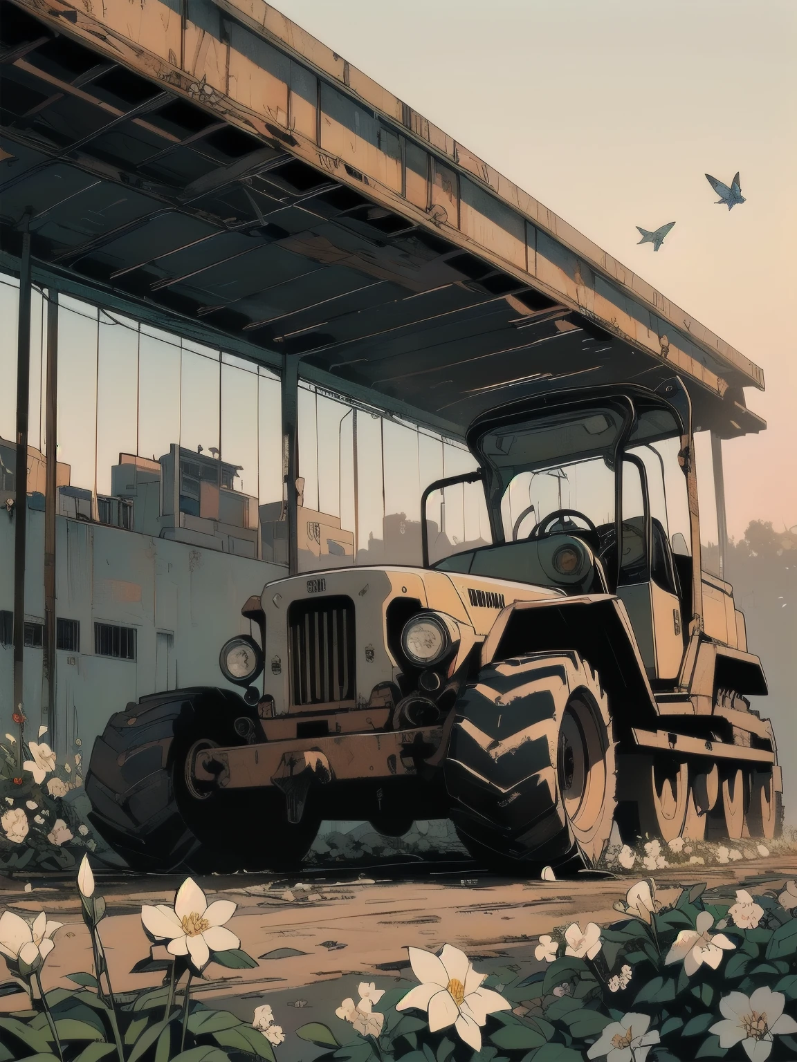 Detailed Machinery、Abandoned Factory、Atrium、(((White Flower Field)))、(((Rusty heavy equipment)))、Gorgeous light leaks、(((Sunset)))、fog、Detailed Background、Highest quality、(((No humans)))、Broken heavy machinery、Complex heavy machinery、Faint lighting、(((Fluttering white petals)))、sunset、(((Dull colors)))、(((Rusty detailed heavy machinery)))、(((Many white flowers fly)))、(((Heavy machinery covered in flowers)))、(((Lots of butterflies)))、(((Abandoned Garage)))