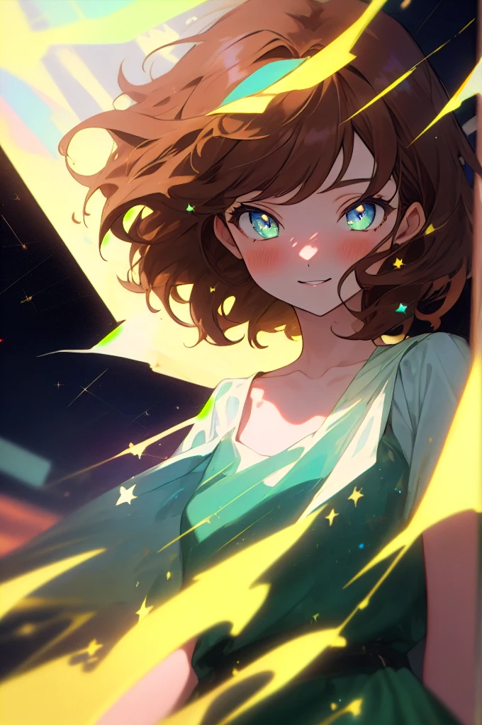 (masterpiece, best quality), hyperdetailed, absurdres, clean lines, one girl,, blush, medium_hair, (brown_hair:1.3), thin hair clip, blue colorshift eyes, expressive eyes, collarbone, smile, night, stars, green dress,
