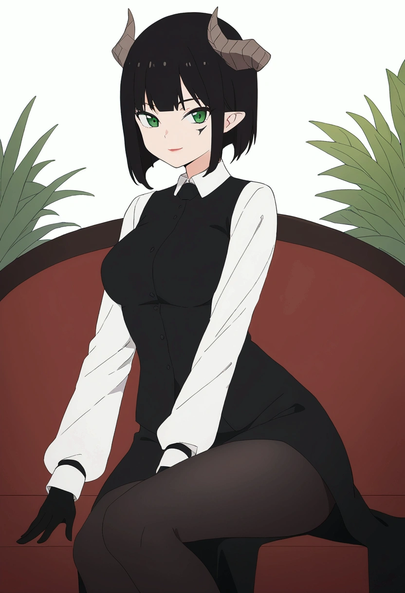 work of art, best qualityer, ultra detali, illustration, colorfully, flat colour, Depth of field, 1 girl, sitting down, Bblack hair, horns on head, Eyes red, , gazing at viewer, in the office, black business dress, pantyhose, black pantyhose, Detailed texture skin, detailed cloth texture, beautifull detailed face,green plant,drapery,hall,ssmile,black gloves