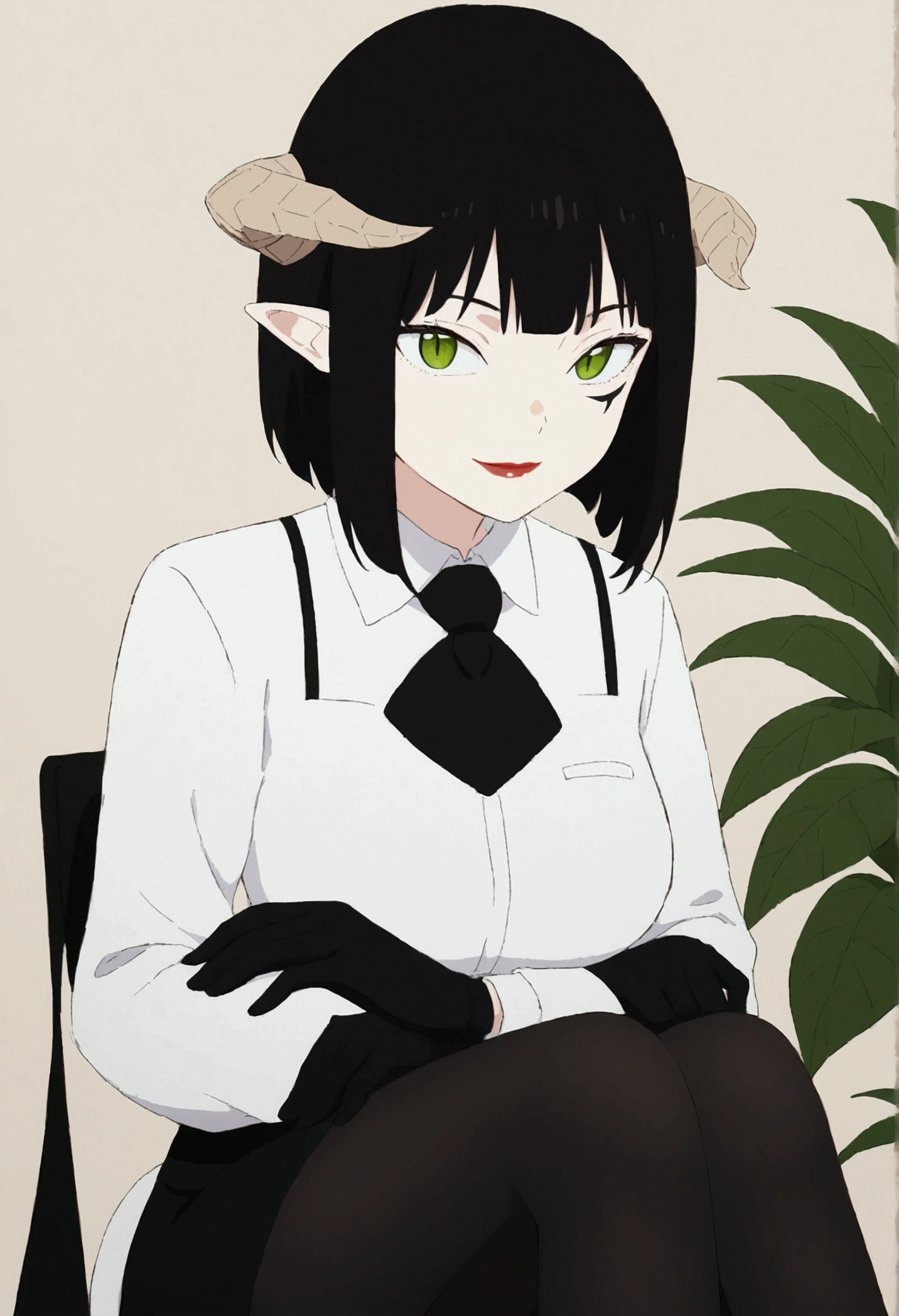 work of art, best qualityer, ultra detali, illustration, colorfully, flat colour, Depth of field, 1 girl, sitting down, Bblack hair, horns on head, Eyes red, , gazing at viewer, in the office, black business dress, pantyhose, black pantyhose, Detailed texture skin, detailed cloth texture, beautifull detailed face,green plant,drapery,hall,ssmile,black gloves