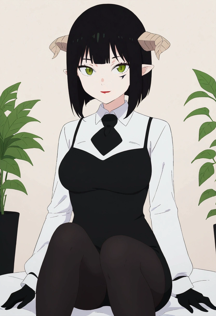 work of art, best qualityer, ultra detali, illustration, colorfully, flat colour, Depth of field, 1 girl, sitting down, Bblack hair, horns on head, Eyes red, , gazing at viewer, in the office, black business dress, pantyhose, black pantyhose, Detailed texture skin, detailed cloth texture, beautifull detailed face,green plant,drapery,hall,ssmile,black gloves
