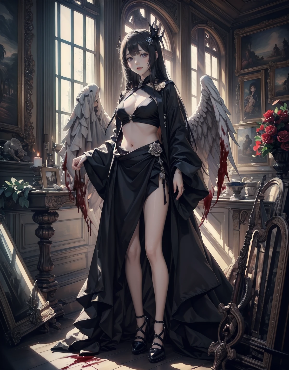 (Highest quality,4K,High resolution,masterpiece:1.2),Very detailed,Realistic:1.37,masterpiece, Highest quality, Exquisitely crafted, woman, beautiful, elegant, smile, Blood, iridescent Long Hair, bangs, skirt, shirt, Long sleeve, Frills, shoes, (Red and Black:1.4), flower, Spooky, Horror, 頭蓋Bones, Long Hair, Black Hair, Candles, Blood, hair flower, The dead, hair ornaments, Bone, doll, 頭蓋Bone, skeleton, Horror (theme),Spooky altar background,Dark fantasy,Red color scheme,Ominous atmosphere,Eye-catching,Storytelling,anatomy,Anime Style,Concept Art,beautiful細部までこだわった顔と (((Red eyes ))),Terrifying Ritual ,Satanic Ritual,Untimely Death,Unjust act,クレイジーなsmile,Scythe Face,Girl Monster, beautiful, Delicate facial features, Sharp Eye, Sharp Fangs, Pale skin, Blonde,robot,Cursed Painting, Dark Background, Cinema Lighting, Dramatic Shadows, Gothic style, Gloomy atmosphere, Dark fantasy, One Girl, , Please open your mouth wide, Open your mouth and baring your teeth,Sharp teeth like a beast, Wide lips, very wide mouth, Vermilion cheeks, ,(Bloodしぶき:1.4),Scary smile, laugh at,Fallen angel design, ねじれたsmile、Bloodまみれの、頭からの出Blood,、Bloodしぶき、,(Bloodしぶき:1.4),Crossbones, 頭蓋Bone,Horrorスタイル, ((Fantasy Fallen Angel Costume)), ((流れるようなBlack Hair)), ,(Bloodしぶき:1.4),womanの曲線, Sexy flat stomach, Perfect hands, Perfect anime face, ((White ta Dress)), Are standing, ((邪悪なsmile)), ,(Bloodしぶき:1.4), Steam circulates, Moonlight Illumination, night lighting, disaster々new devil horns,,(Bloodしぶき:1.6),アニメFallen angel design, ねじれたsmile、Bloodまみれの、頭からの出Blood,、Bloodしぶき、,(Bloodしぶき:1.4),Crossbones, 頭蓋Bone,Gothic architecture、Western architecture、Fantasy World、,Victorian cities, 骸Boneのガス灯,