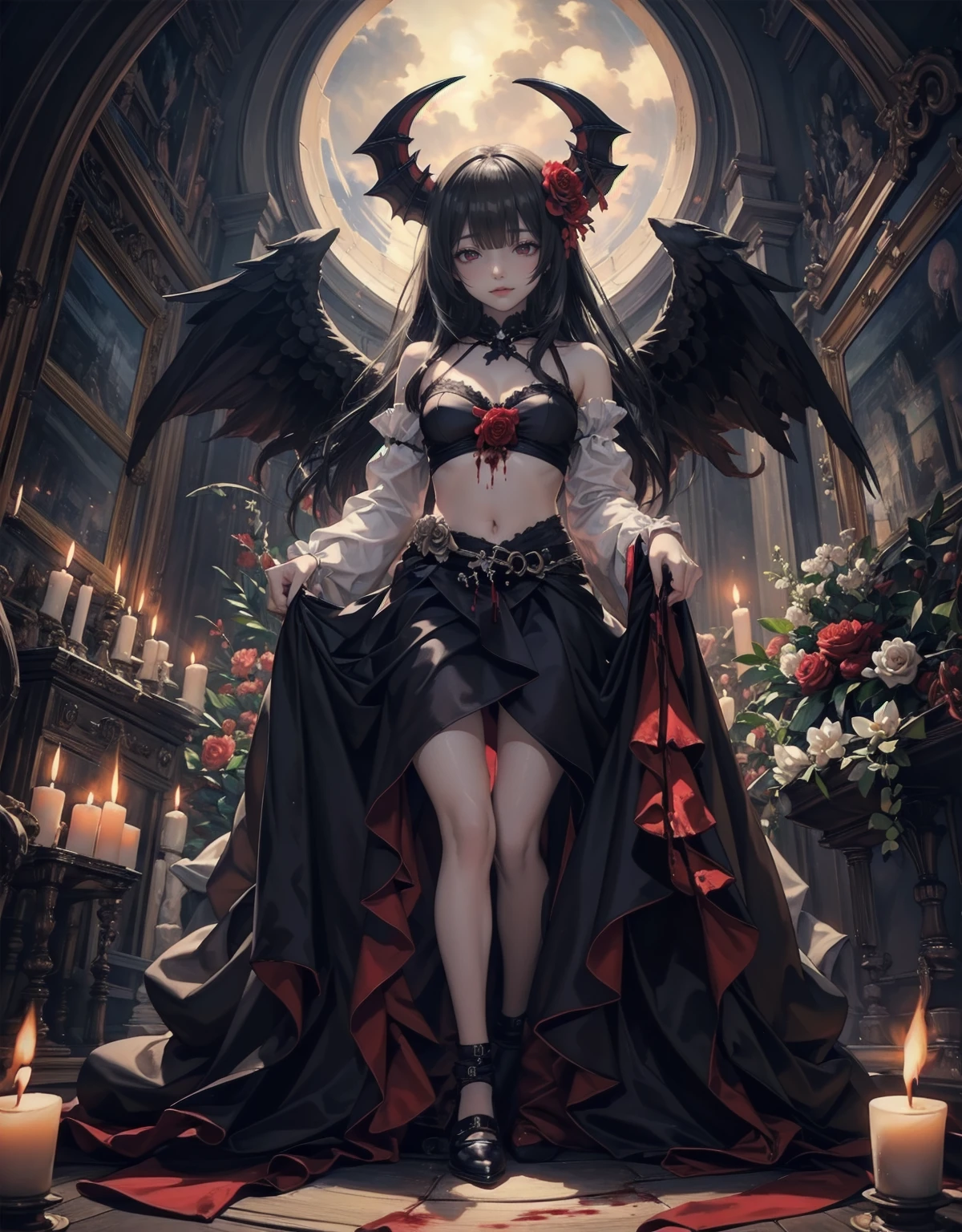 (Highest quality,4K,High resolution,masterpiece:1.2),Very detailed,Realistic:1.37,masterpiece, Highest quality, Exquisitely crafted, woman, beautiful, elegant, smile, Blood, iridescent Long Hair, bangs, skirt, shirt, Long sleeve, Frills, shoes, (Red and Black:1.4), flower, Spooky, Horror, 頭蓋Bones, Long Hair, Black Hair, Candles, Blood, hair flower, The dead, hair ornaments, Bone, doll, 頭蓋Bone, skeleton, Horror (theme),Spooky altar background,Dark fantasy,Red color scheme,Ominous atmosphere,Eye-catching,Storytelling,anatomy,Anime Style,Concept Art,beautiful細部までこだわった顔と (((Red eyes ))),Terrifying Ritual ,Satanic Ritual,Untimely Death,Unjust act,クレイジーなsmile,Scythe Face,Girl Monster, beautiful, Delicate facial features, Sharp Eye, Sharp Fangs, Pale skin, Blonde,robot,Cursed Painting, Dark Background, Cinema Lighting, Dramatic Shadows, Gothic style, Gloomy atmosphere, Dark fantasy, One Girl, , Please open your mouth wide, Open your mouth and baring your teeth,Sharp teeth like a beast, Wide lips, very wide mouth, Vermilion cheeks, ,(Bloodしぶき:1.4),Scary smile, laugh at,Fallen angel design, ねじれたsmile、Bloodまみれの、頭からの出Blood,、Bloodしぶき、,(Bloodしぶき:1.4),Crossbones, 頭蓋Bone,Horrorスタイル, ((Fantasy Fallen Angel Costume)), ((流れるようなBlack Hair)), ,(Bloodしぶき:1.4),womanの曲線, Sexy flat stomach, Perfect hands, Perfect anime face, ((White ta Dress)), Are standing, ((邪悪なsmile)), ,(Bloodしぶき:1.4), Steam circulates, Moonlight Illumination, night lighting, disaster々new devil horns,,(Bloodしぶき:1.6),アニメFallen angel design, ねじれたsmile、Bloodまみれの、頭からの出Blood,、Bloodしぶき、,(Bloodしぶき:1.4),Crossbones, 頭蓋Bone,Gothic architecture、Western architecture、Fantasy World、,Victorian cities, 骸Boneのガス灯,