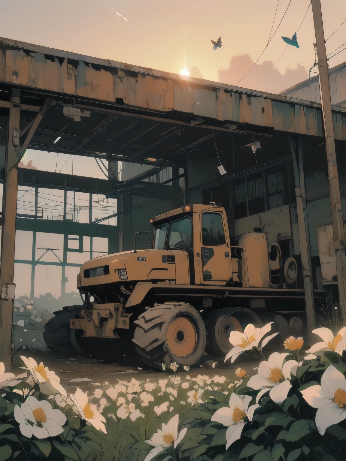 Detailed Machinery、Abandoned Factory、Atrium、(((White Flower Field)))、(((Rusty heavy equipment)))、Gorgeous light leaks、(((Sunset)))、fog、Detailed Background、Highest quality、(((No humans)))、Broken heavy machinery、Complex heavy machinery、Faint lighting、(((Fluttering white petals)))、sunset、(((Dull colors)))、(((Rusty detailed heavy machinery)))、(((Many white flowers fly)))、(((Heavy machinery covered in flowers)))、(((Lots of butterflies)))、(((Abandoned Garage)))