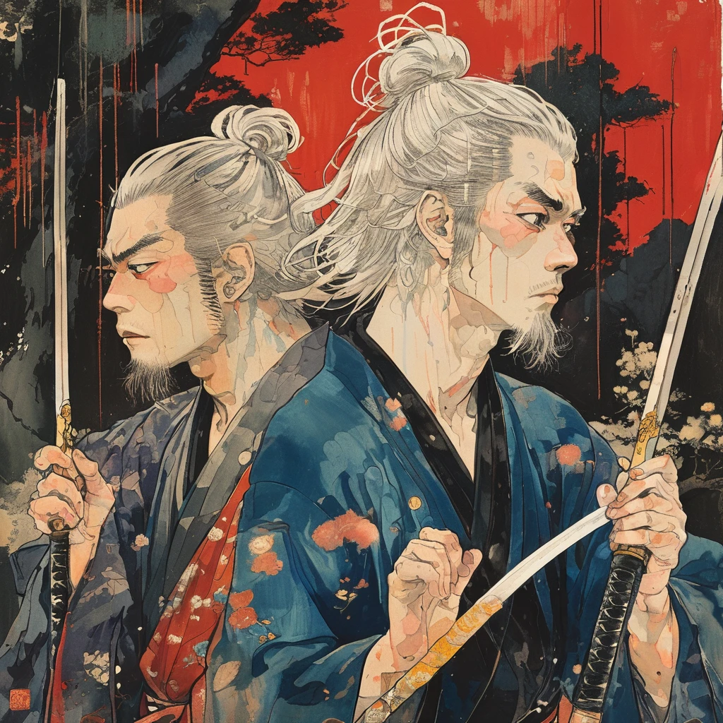 A vibrant, colorful illustration of two anime-style samurai characters with white hair, holding sword in front of face. Takato Yamamoto style