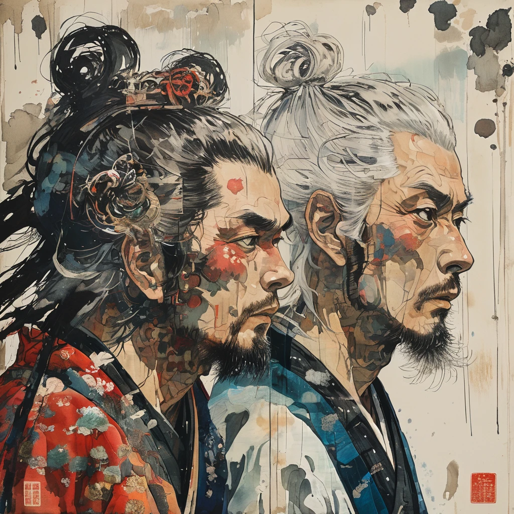 A vibrant, colorful illustration of two anime-style samurai characters with white hair, holding sword in front of face. Takato Yamamoto style