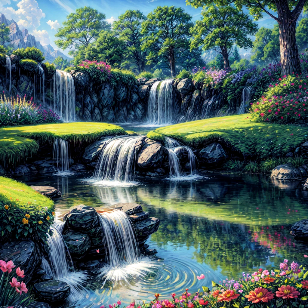 Pixelart generates a beautiful and tranquil image of a garden, There are colorful flowers, gentle stream, And the sounds of nature. Show tranquility, Life, and the beauty of a perfect day.
